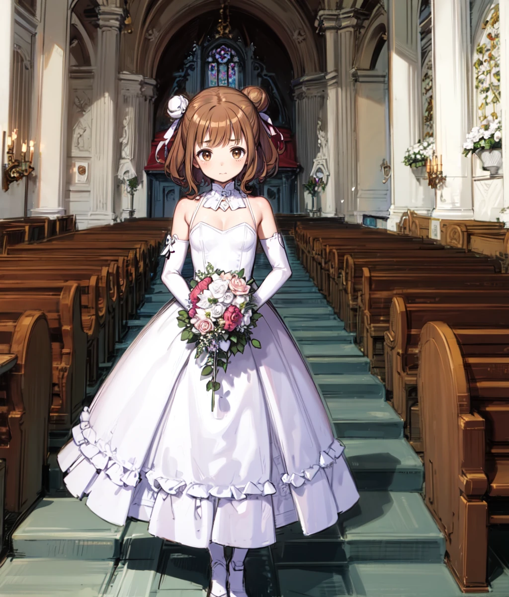 (masterpiece, best quality:1.2), 1girl, solo, brown hair, medium hair, sidebuns, brown eyes, small breast, bride, elbow fingerless gloves, bouquet, full body, indoors, cowboy shot, church <lora:Beatriche SD:0.8>
