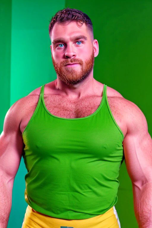 handsome musclebearcoffee, green hue theme, artistic portrait, green  eyes, wearing yellow tank top