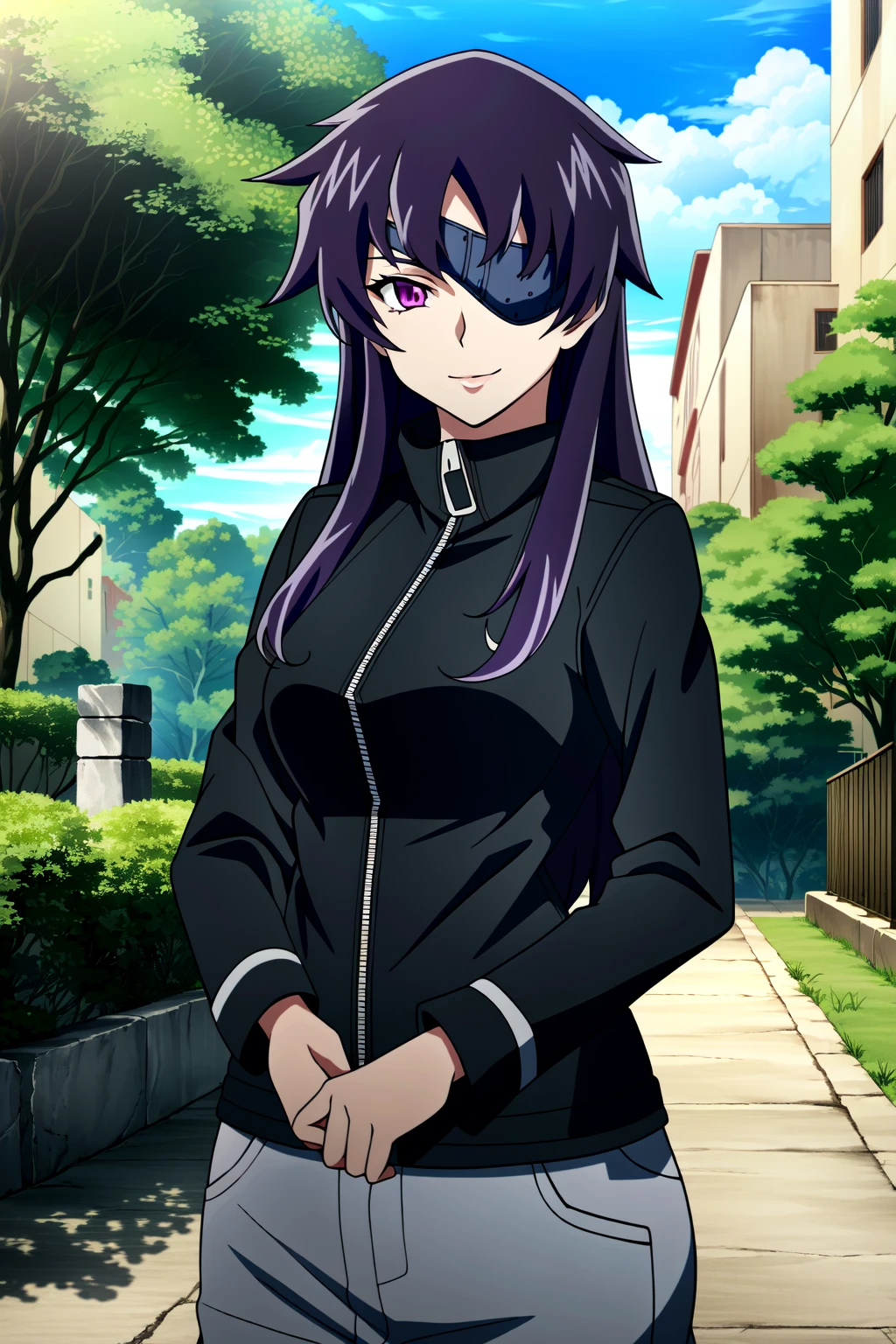 (extremely detailed CG unity 4k wallpaper),(masterpiece),(best quality),(ultra-detailed),(best illustration),(best shadow),(absurdres),(detailed background) <lora:OGT_Uryuu_Minene-v1:1> Uryuu Minene, 1girl, solo, purple eyes, eyepatch, long hair, purple hair, zipper, outdoors, looking at viewer, light smile