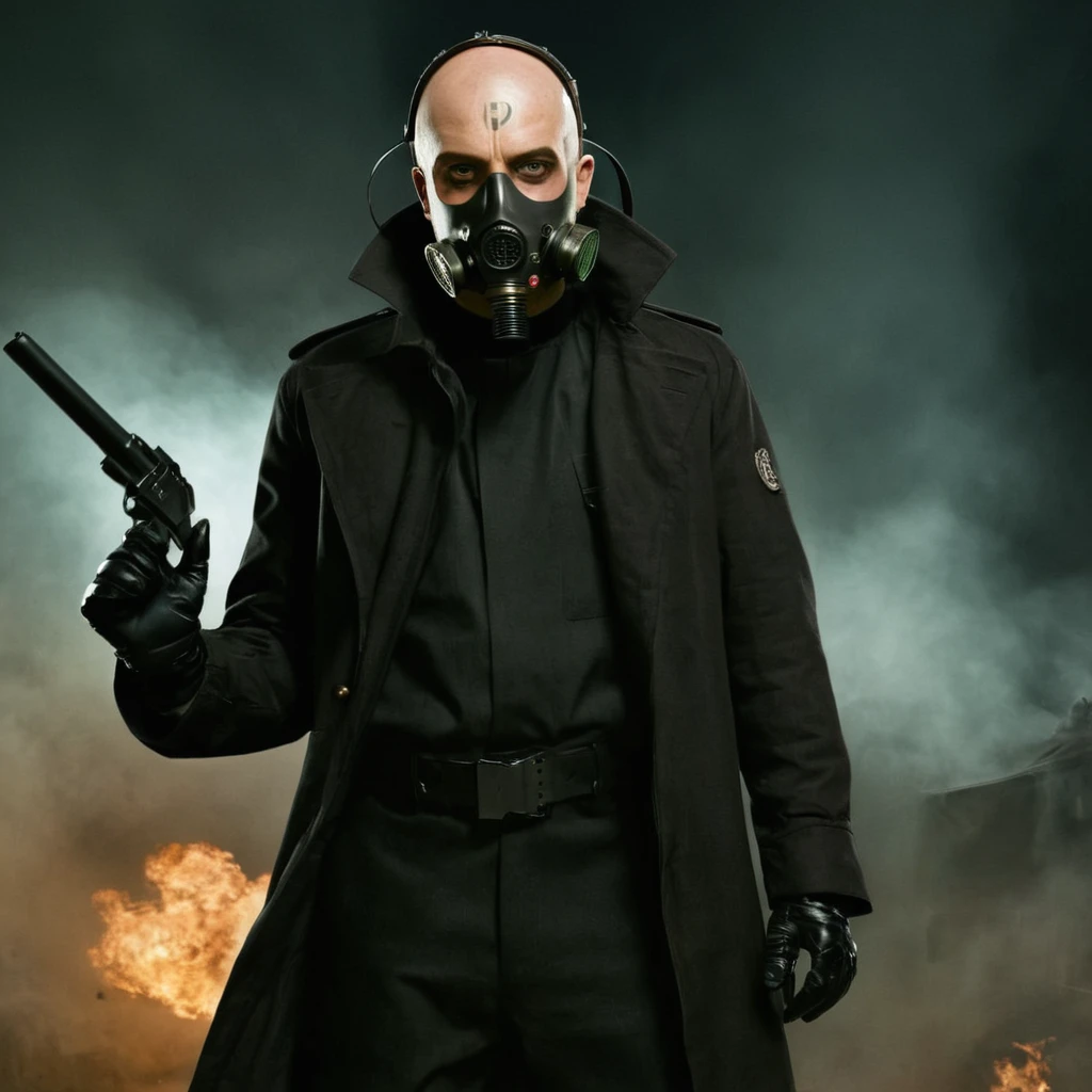 cinematic film still of <lora:YuriCNC :1>
YuriCNC a man in a trench coat and a gas mask,command and conquer style,solo,looking at viewer,shirt,red eyes,gloves,1boy,standing,jacket,full body,weapon,male focus,boots,open clothes,black gloves,belt,pants,fingerless gloves,black footwear,gun,tattoo,mask,glowing,facial hair,black pants,science fiction,holster,cyborg,artificial eye, with a bald head and goatee. On his forehead, the Hebrew letters are tattooed. A band of psychic simulators is surgically implanted into his skull, and connected to a psi collar underneath his clothes.
, shallow depth of field, vignette, highly detailed, high budget, bokeh, cinemascope, moody, epic, gorgeous, film grain, grainy