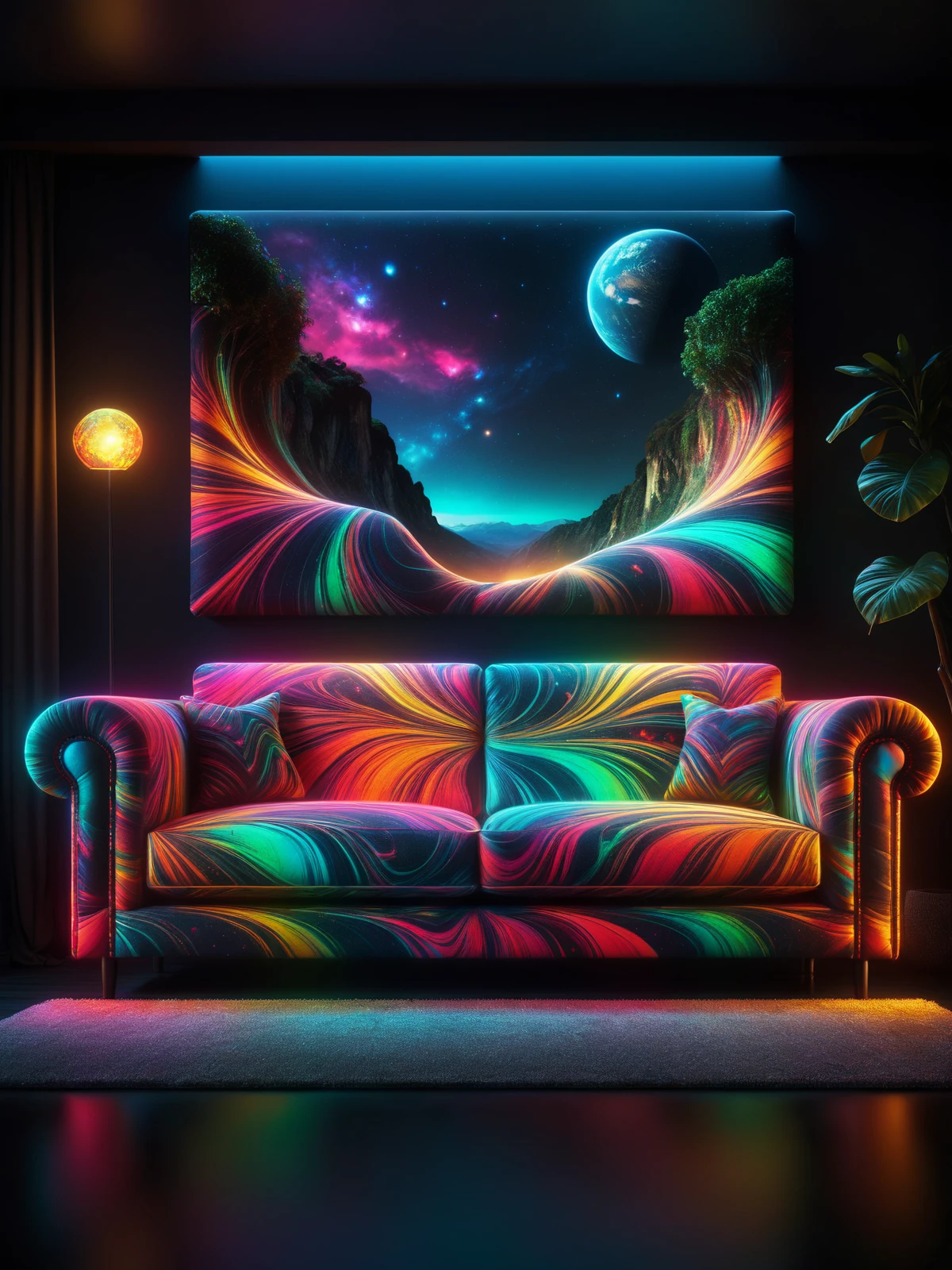 glowing colorful mad-mbp sofa in a dark living room, photo of a landscape on the wall, night, dynamic pose<lora:Glowing_Marbled_Paper_SDXL:0.6>, (masterpiece:1.2), best quality, (hyperdetailed, highest detailed:1.2), high resolution textures