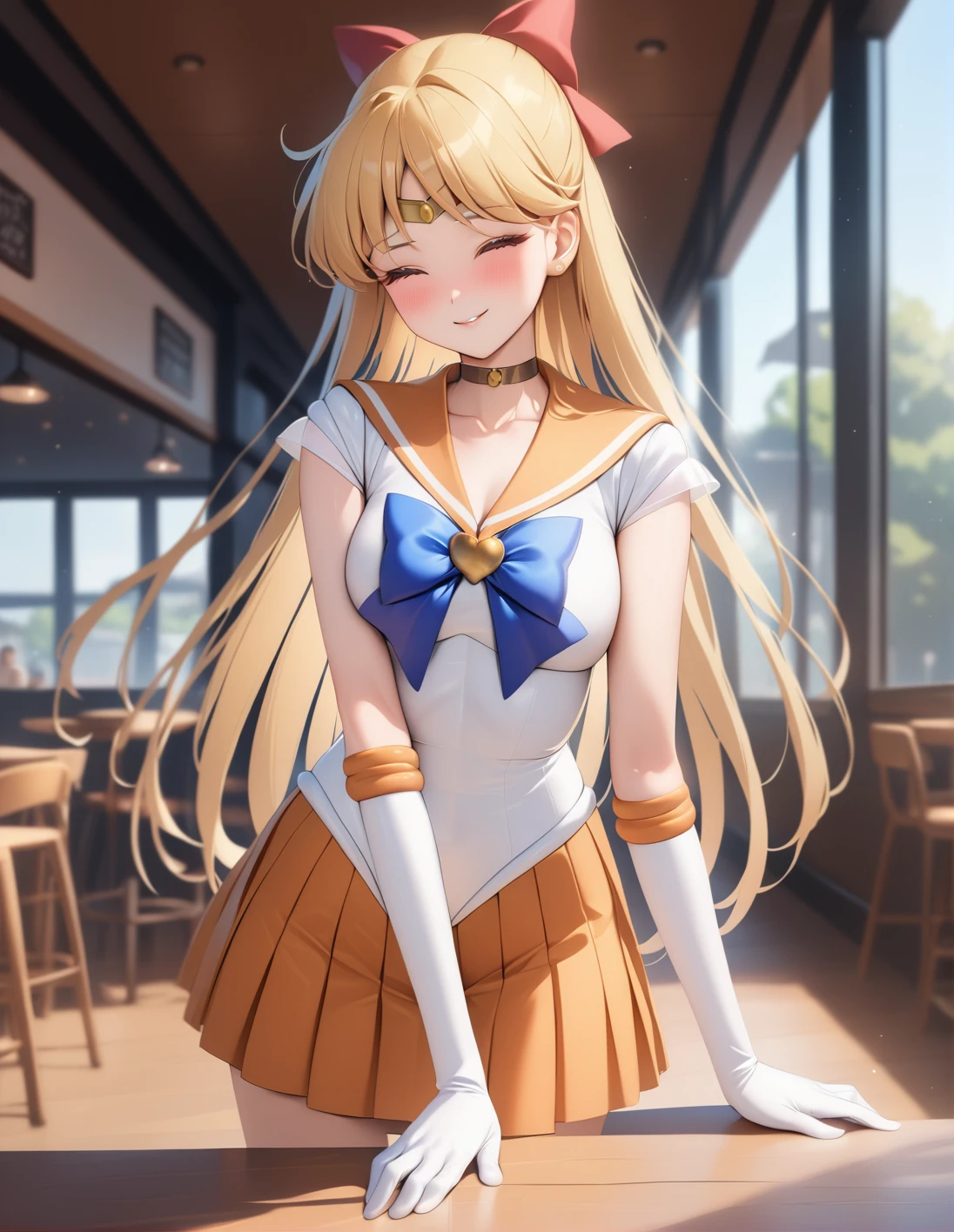 best quality, ultra-detailed, masterpiece,1girl, solo,<lora:sdxl-sailor-venus-v3:1>, sailorvenus, xsuperuniformx, (heartbrooch:0.3), choker,blonde hair, hair bow , gloves, pleated orange skirt, relaxed posture, elbows extended, standing, knees ,,, <lora:ALTXL_001_4:2>, closed eyes smile:1.2, BREAK in a cafe