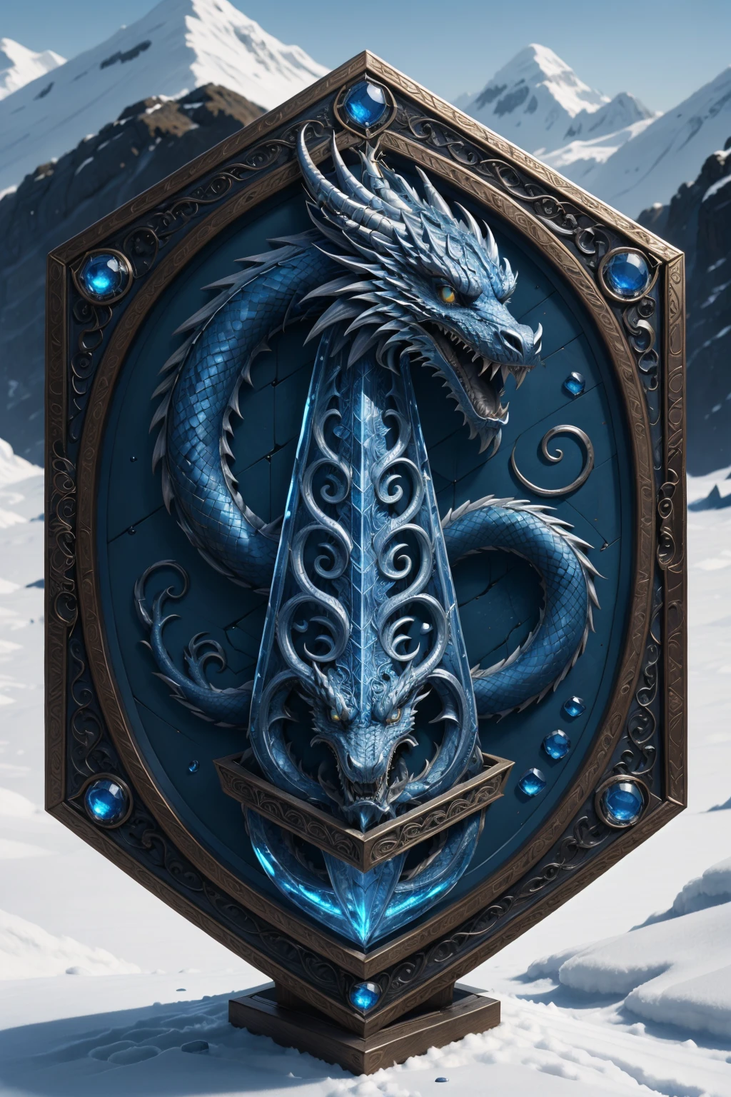 masterpiece, best quality, highly detailed, stone obelisk BREAK dragon talisman, glacier, tundra, eastern dragon serpent engraved in dragon obelisk, snow, frost, snowing, sapphire, aquamarine, ice lake, diamond