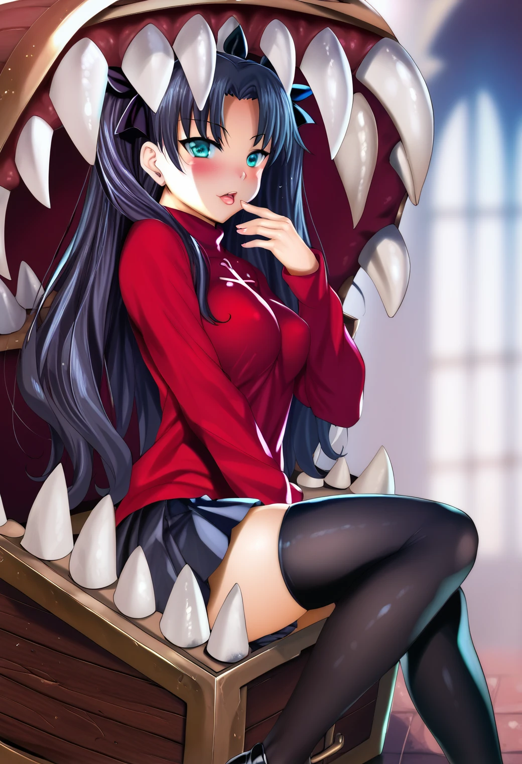 tohsaka rin, black hair, hair ribbon, long hair, ribbon, sidelocks, two side up, parted bangs, aqua eyes, looking at viewer, BREAK
black skirt, black thighhighs, long sleeves, miniskirt, pleated skirt, red sweater, skirt, sweater, thighhighs, turtleneck, BREAK
(mimic chest), <lora:mimic_chest_ponyxl_v9:1>, BREAK
in container, sitting, BREAK
backlighting, score_9, score_8_up, score_7_up, score_6_up, anime, uncensored, (mignon:0.5), <lora:fiz-rot_pony_v3:0.4>, fizrotart, realistic, (fumihiko \(fu mihi ko\):0.7), BREAK
(high quality, detailed, beautiful), shiny, detailed beautiful eyes, outstanding, countershading, detailed soft lighting, <lora:nyamota_artist_sdxl:0.8>