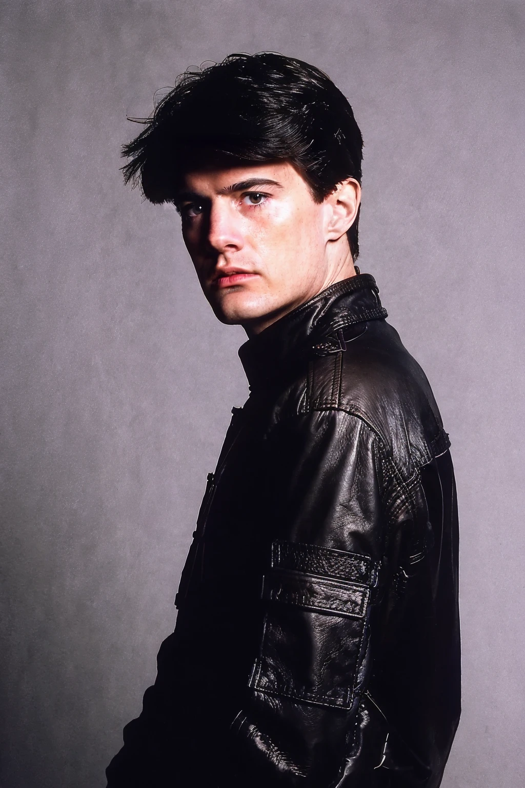 ((Portrait Photography)),(best quality, high quality, sharp focus:1.4), <lora:macLach1an:1> macLach1an young, leather jacket