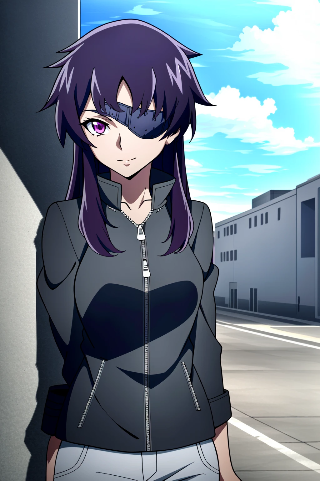 (extremely detailed CG unity 4k wallpaper),(masterpiece),(best quality),(ultra-detailed),(best illustration),(best shadow),(absurdres),(detailed background) <lora:OGT_Uryuu_Minene-v1:1> Uryuu Minene, 1girl, solo, purple eyes, eyepatch, long hair, purple hair, zipper, outdoors, looking at viewer, light smile