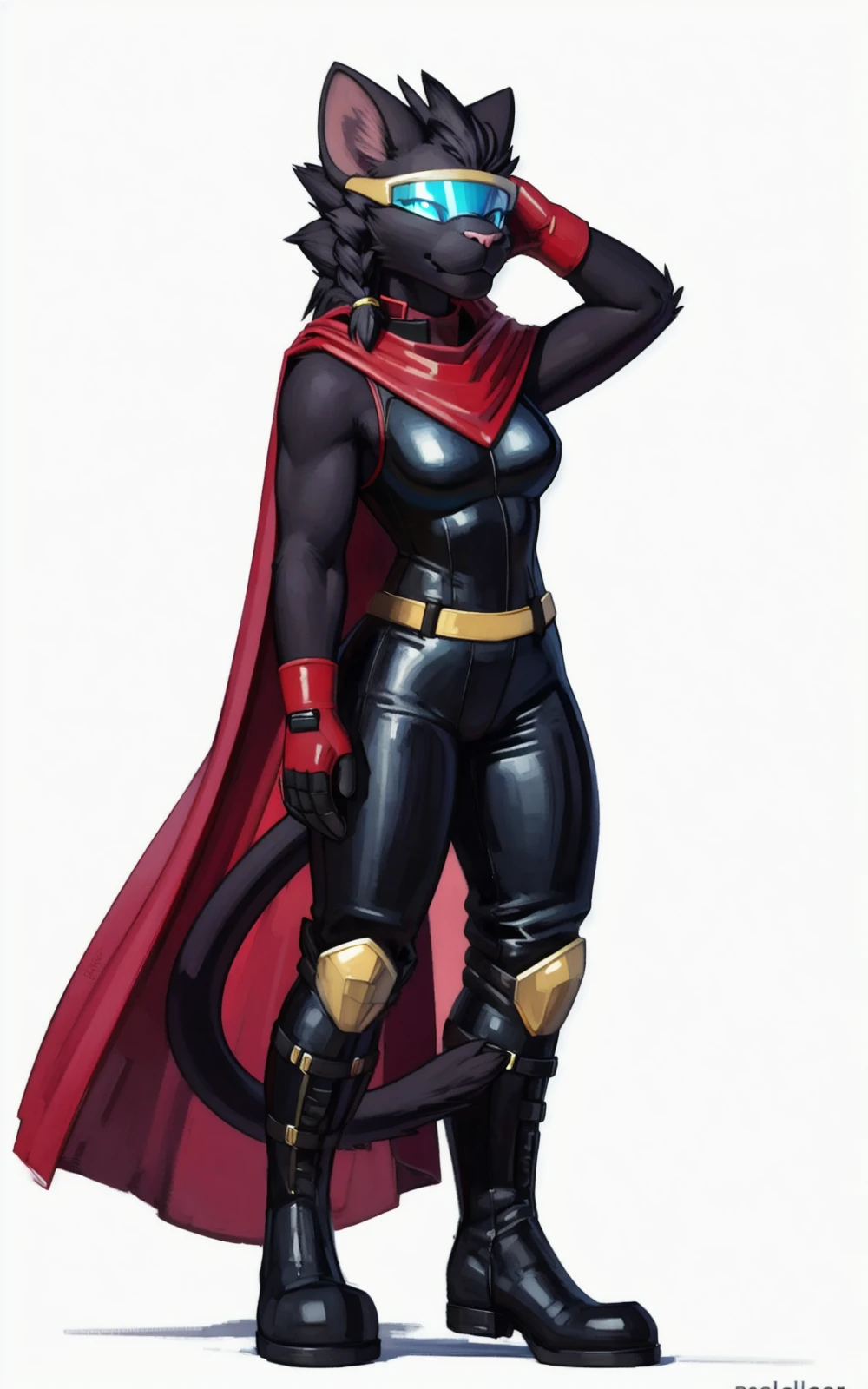 8k,4k,((Best quality, masterpiece, ultra high resolution)),((full body, by pixelsketcher)), <lora:Clairen:0.8>,Clairen,furry, tail, red cape, animal ears, cat ears, cape, cat tail, furry,black fur,visor,black hair, bodysuit,black bodysuit, golden belt, furry female, lion,sleeveless,boots,toeless boots,gloves, fingerless gloves,white background,blue visor,mane