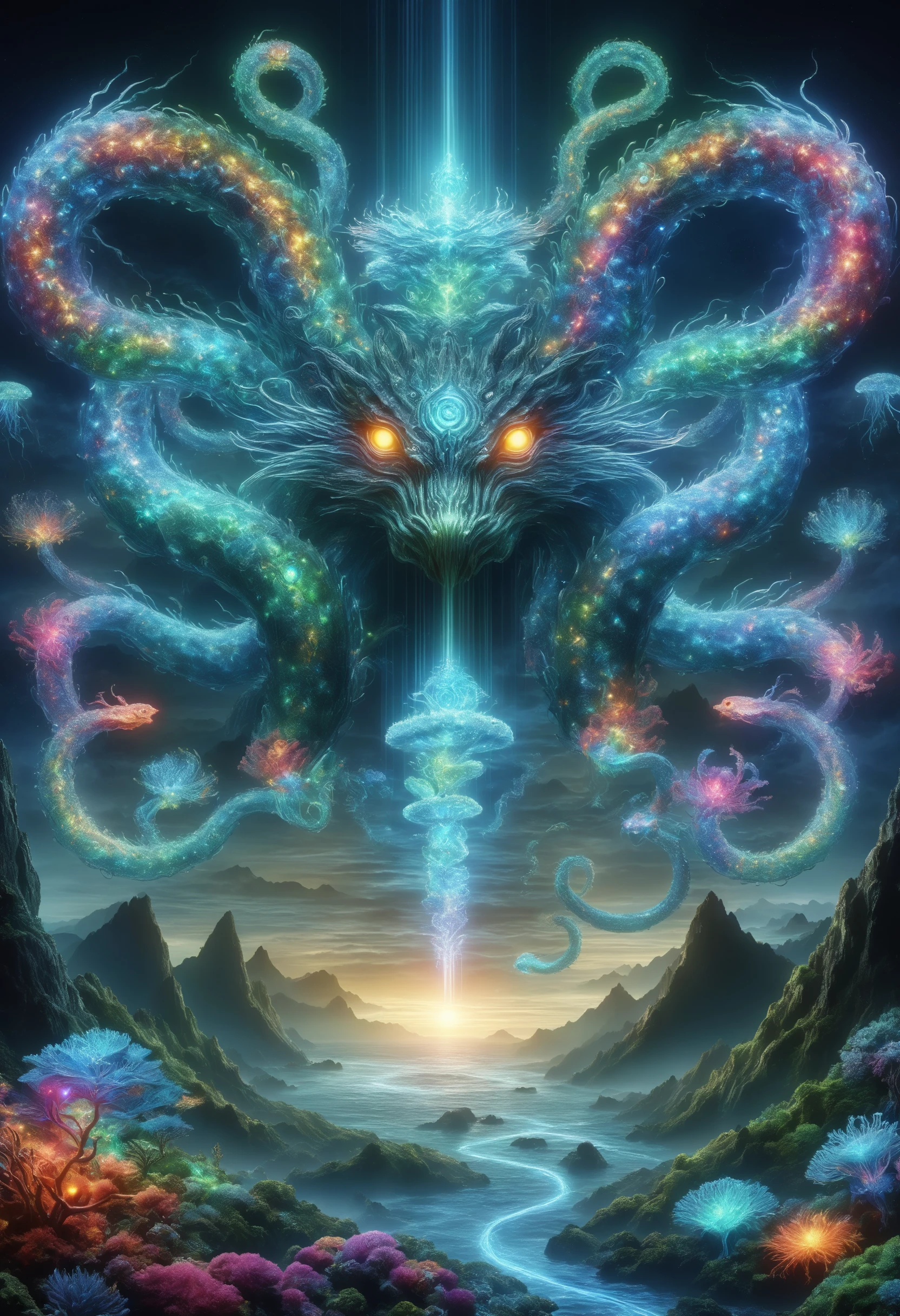 DonMQu4n7umZ3r0XL bioluminescent elven wind japanese coiled Hydra, rainbow
, coral reef, darkness,moon phases,cloud,celestial orbits,
<lora:DonMQu4n7umZ3r0XL-000006:0.8>,