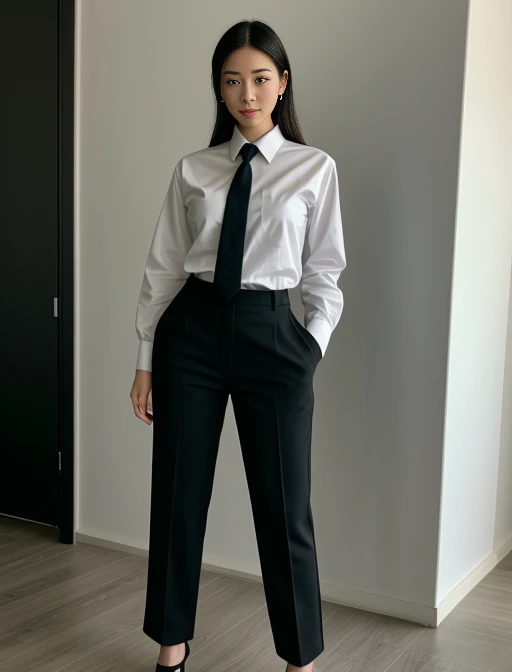full body shot of business photo of meikoui, pants, black attire, huge breats, collared shirt, tucked shirt,  <lora:meikoui:1>. Professional attire, workplace setting, confident. Whole outfit, clear, sharp, balanced<lora:lcm-lora-sd15:1.0>