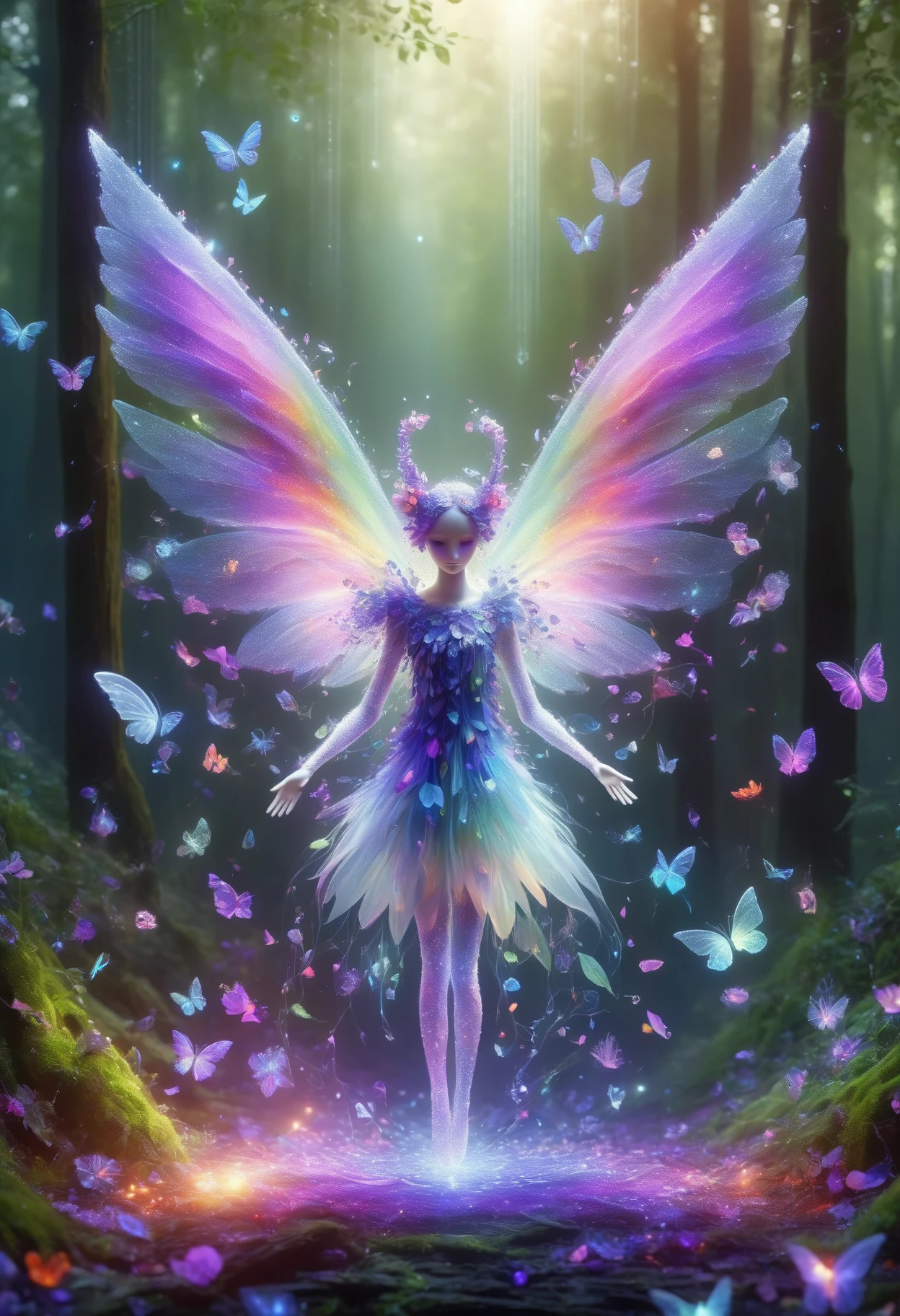 DonMD1g174l4sc3nc10nXL, lilith, tiny humanoid creature with wings, delicate graceful appearance, transparent opalescent iridescent wings, pointed ears, colorful ethereal clothing, nature inspired attire, made of petals and leaves, __Bo/clothings/magical/unisex/accessories__, playful, oxygen-rich air,inferno, <lora:DonMD1g174l4sc3nc10nXL-000006:1.2>