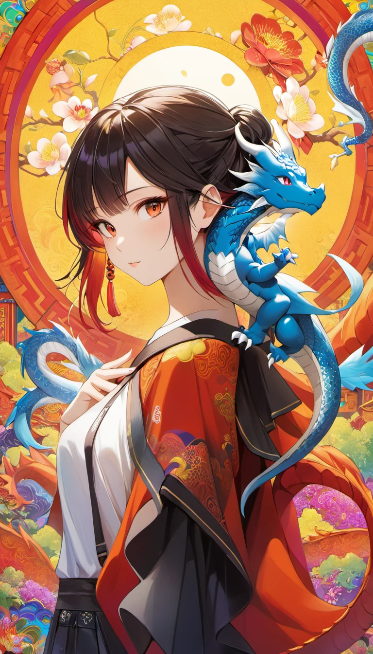 1girl, dragon on shoulder, vivid, colorful, detailed background, masterpiece, best quality, high quality, absurdres