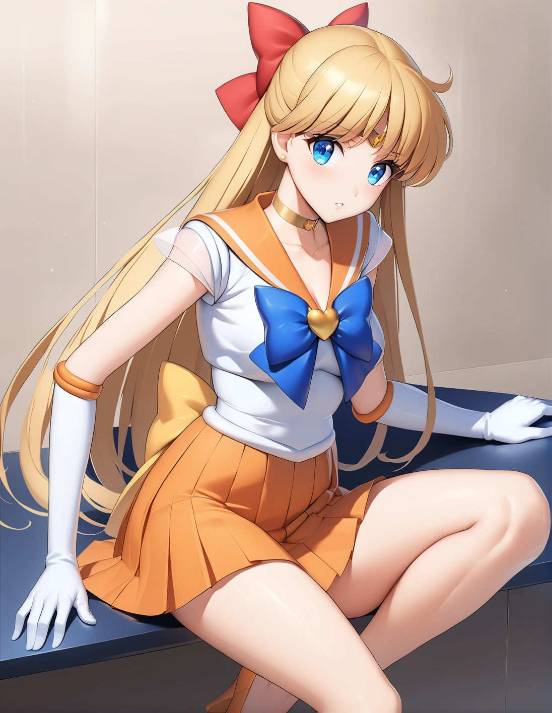 best quality, ultra-detailed, ,1girl, solo,<lora:sdxl-sailor-venus-v3:1>, sailorvenus, xsuperuniformx, (heartbrooch:0.3), choker,blonde hair, hair bow , gloves, pleated orange skirt, sitting, heels, ,,, <lora:ALTXL_001_4:2>, staring, BREAK in mid air