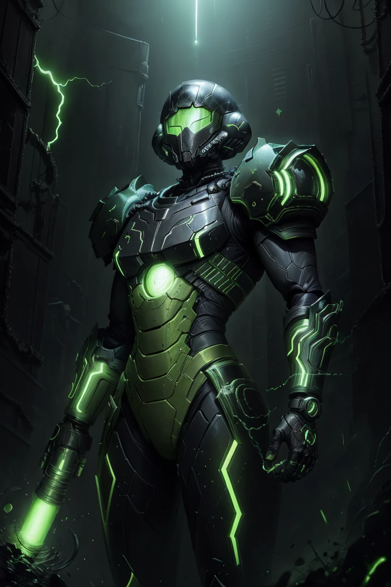 ((masterpiece,best quality)),  <lora:Samus_Varia_Suit:0.8>,  samus aran,  helmet, arm cannon, black armor, green glow, electricity, shiny metal, sparkle,  iridescent black metal,
<lora:Necron_Architecture:0.4>, Necron_Architecture, excessive energy, electricity, green glow, green theme, (black armor:1.2),
anklets, bracelets, chain decoration, science fiction, varia suit, arm cannon, aura, glowing, neon trim,   solo, cowboy shot,
shiny metal,  <lora:more_details:0.3>, glow, cinematic composition,