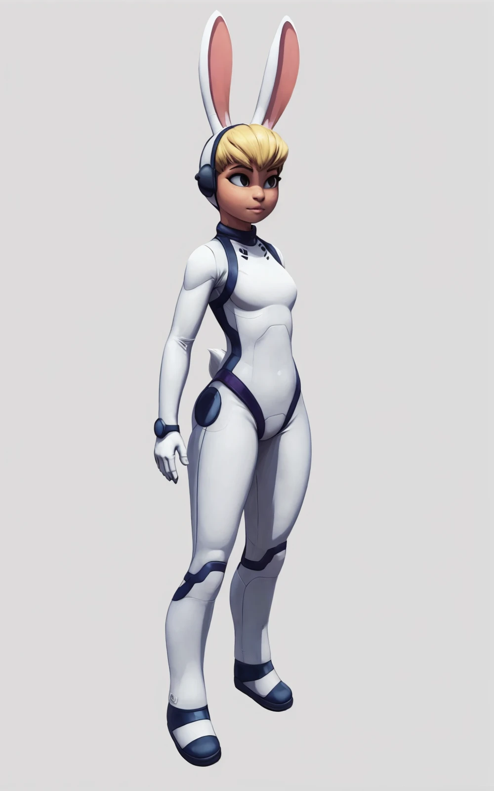 8k,4k,((Best quality, masterpiece, ultra high resolution)),((full body, by pixelsketcher)),  <lora:Buffy-Sugo:0.8>,Buffy-Sugo,rabbit ears, animal ears, blonde hair, no pupils, bodysuit, short hair,skin tight,tail, rabbit tail, helmet, white bodysuit,white background,(human)