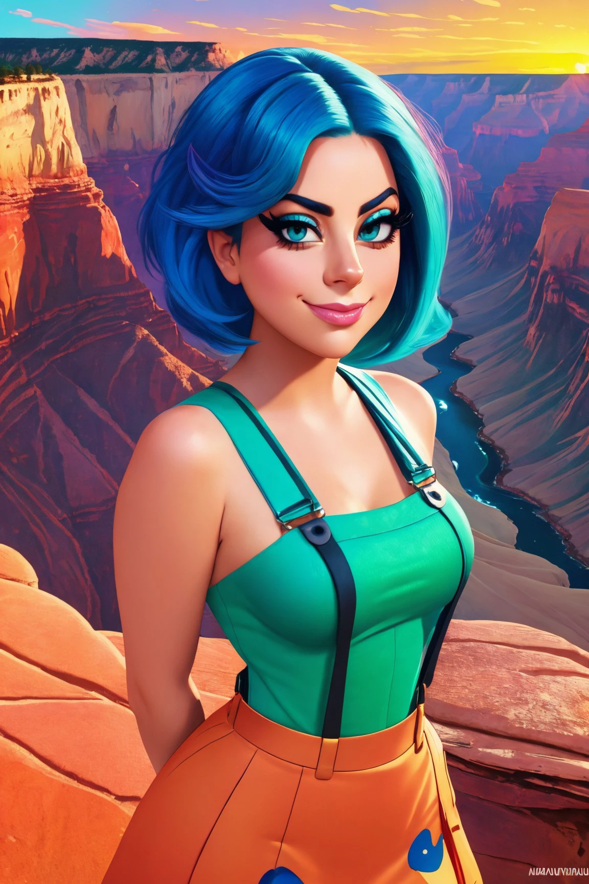 rana vadel middle shot close up, upper body, blue hair, young, makeup, naughty smile,
beautiful face, masterpiece, highres, cartoon, pixar, animation,
suspender skirt,
Grand canyon and sunrise colors,
 <lora:rana_vadel:0.85>