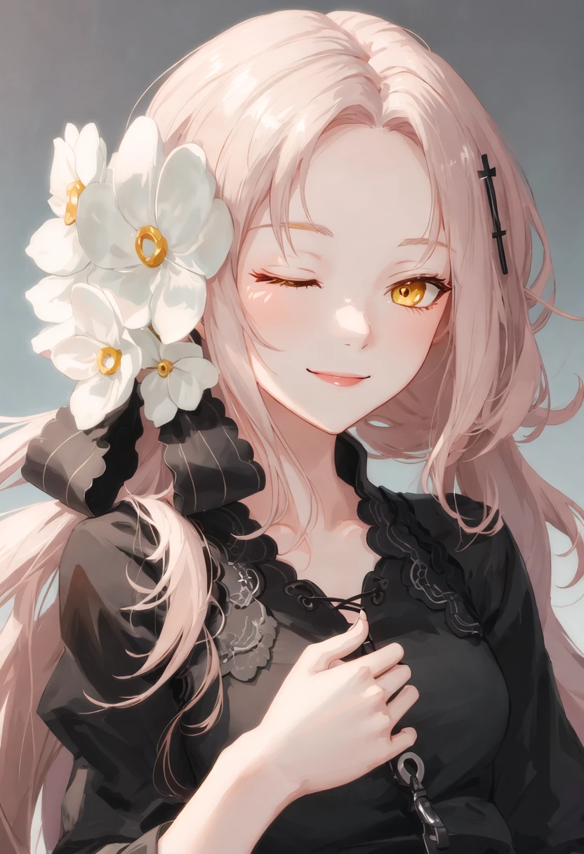 best quality, masterpiece, highres, solo, {aug_girlsfrontline:0.90}, smile, happy, one_eye_closed, portrait, looking at viewer