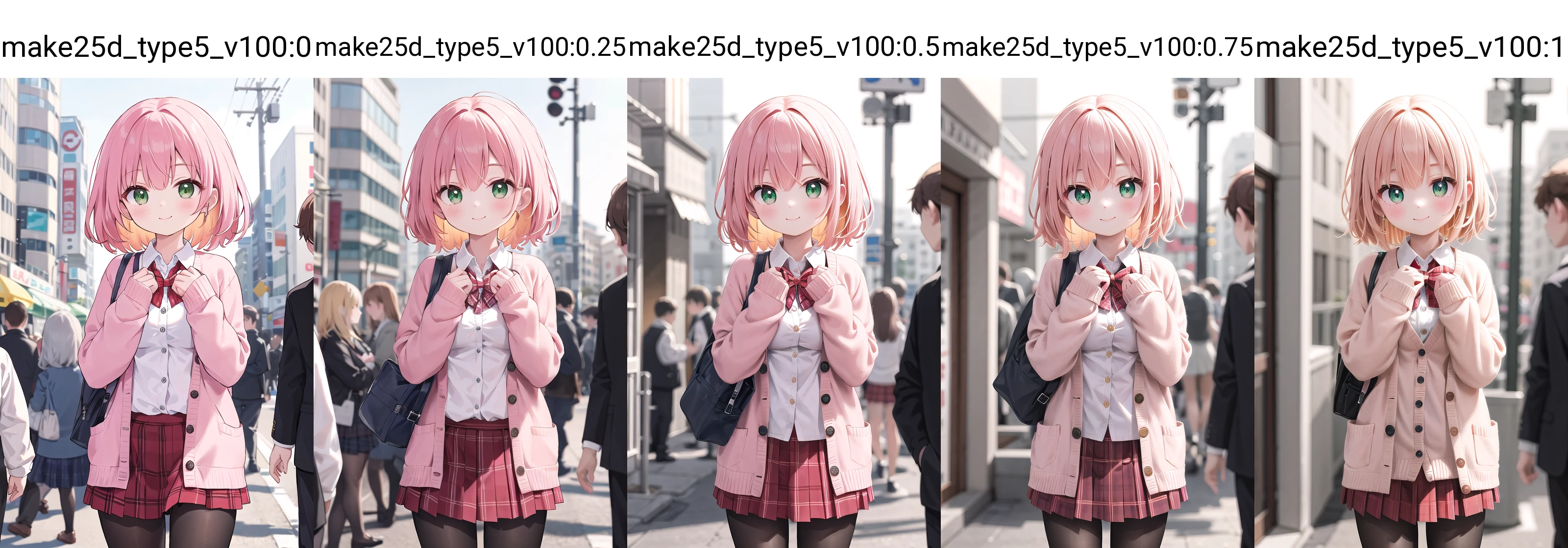 <lora:make25d_type5_v100:0>, insanely detailed, absurdres, ultra-highres, ultra-detailed, best quality,
1girl, solo, nice hands, perfect hands
BREAK
(School Uniforms:1.2), (pink cardigan is fit body:1.4), ((do up a buttons, not loose):1.5), ((long sleeve, sleeves past wrists):1.2), (inner wear is white collared-shirt:1.3), (red plaid-pattern bow:1.3), (red plaid-pattern pleated skirt:1.3), ((dark-brown pantyhose, loafers):1.2)
, (nsfw:-1.5)
BREAK
happy smile, laugh, closed mouth
BREAK
from below,
standing, cowboy shot, looking at viewer
BREAK
slender, kawaii, perfect symmetrical face, ultra cute girl, ultra cute face, ultra detailed eyes, ultra detailed hair, ultra cute, ultra beautiful
BREAK
in street, cityscape in shibuya, depth of field, ultra detailed background
BREAK
medium breasts
BREAK
orange hair, green eyes, messy hair,