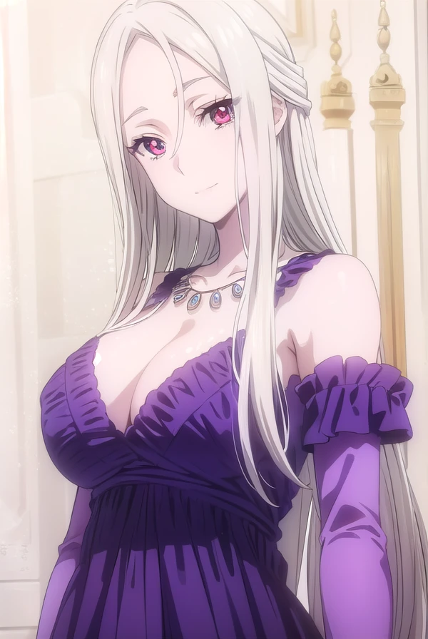 leonoranakiri, <lora:leonora nakiri s2-lora-nochekaiser:1>,
leonora nakiri, long hair, (red eyes:1.1), white hair, pale skin, (forehead:1.2), smile,
BREAK dress, cleavage, bare shoulders, jewelry, necklace, purple dress,
BREAK indoors,
BREAK looking at viewer, (cowboy shot:1.5),
BREAK <lyco:GoodHands-beta2:1>, (masterpiece:1.2), best quality, high resolution, unity 8k wallpaper, (illustration:0.8), (beautiful detailed eyes:1.6), extremely detailed face, perfect lighting, extremely detailed CG, (perfect hands, perfect anatomy),