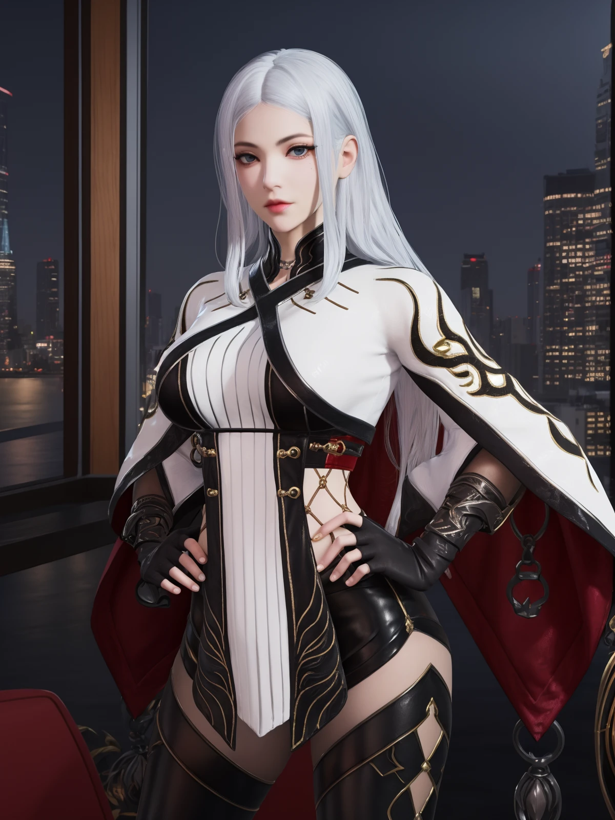 YJWJjiyingyingWCBF, 1girl, solo, long hair, fingerless gloves, blue eyes, lips, looking at viewer, white hair, breasts, capelet,dress,pantyhose, leather pants,thigh boots,cityscape, night,  <lora:YJWJjiyingyingWCBF3:0.75>,hand on hip,