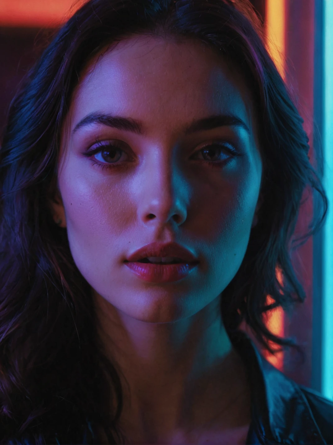 cinematic film still, photo close up detail of a woman, hot lips, looking at viewer, colored neon lights and shadows projected on her face <lora:amazing_portraits_xl_v1b:1>
