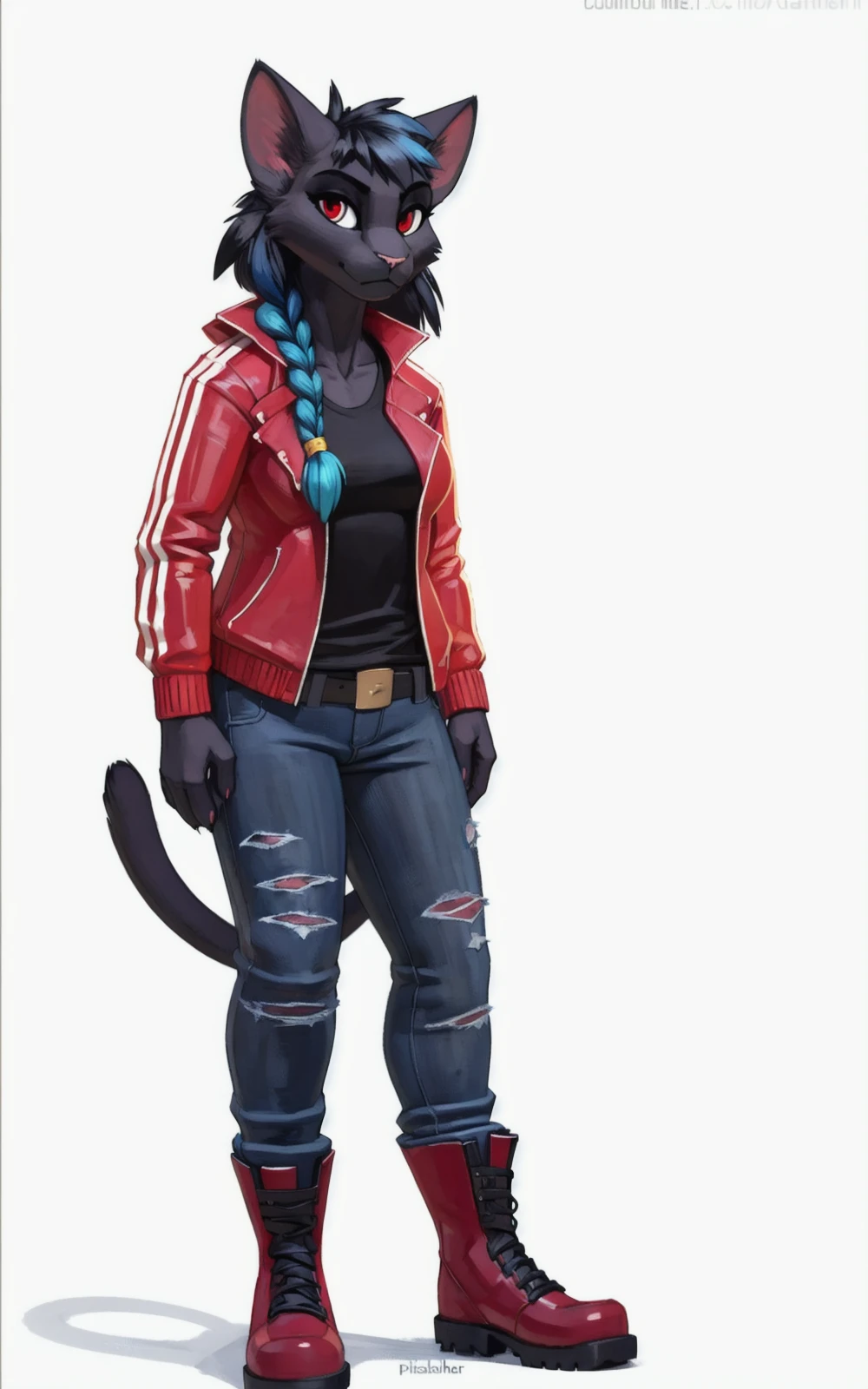 8k,4k,((Best quality, masterpiece, ultra high resolution)),((full body, by pixelsketcher)), <lora:Clairen:0.8>,Clairen,furry, tail, animal ears, cat ears, cat tail, furry,black fur, black hair, furry female,red eyes, torn clothes, pants, jacket, belt, denim, red jacket, shoes, jeans, animal nose, shirt, black shirt,braid,multicolored hair, blue hair,white background, red boots, boots,