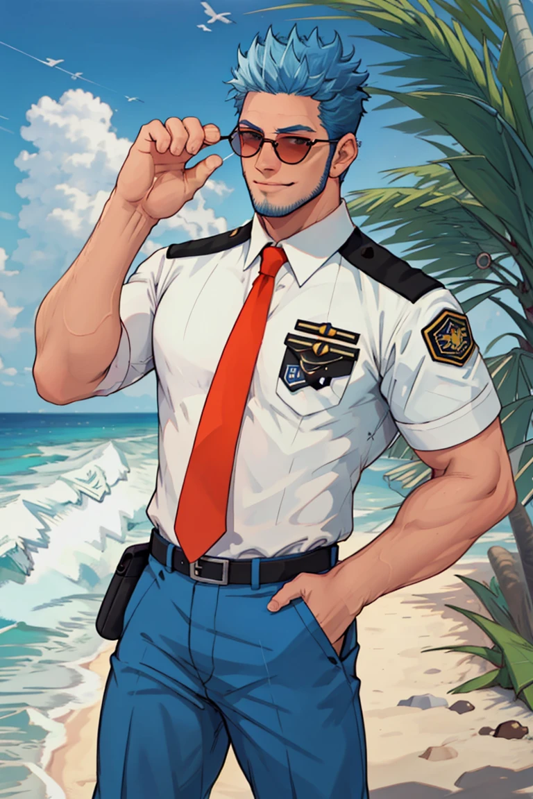 (1 image only),  solo male,  Wilbur,  Animal Crossing,  personification,  pure blue hair,  short hair,  black eyes,  blue facial hair,  jawline stubble,  aviation pilot uniform,  white collor shirt,  red necktie,  epaulette,  aviator sunglasses,  blue pants,  socks,  black footwear,  bandaid on nose,  mature,  dilf,  bara,  handsome,  charming,  alluring,  grin,  standing,  upper body,  hand in pocket,  perfect anatomy,  perfect proportions,  (best quality,  masterpiece),  (perfect eyes,  perfect eye pupil),  perfect hands,  high_resolution,  dutch angle,  cowboy shot,  seaside,  summer,<lora:EMS-297361-EMS:0.600000>