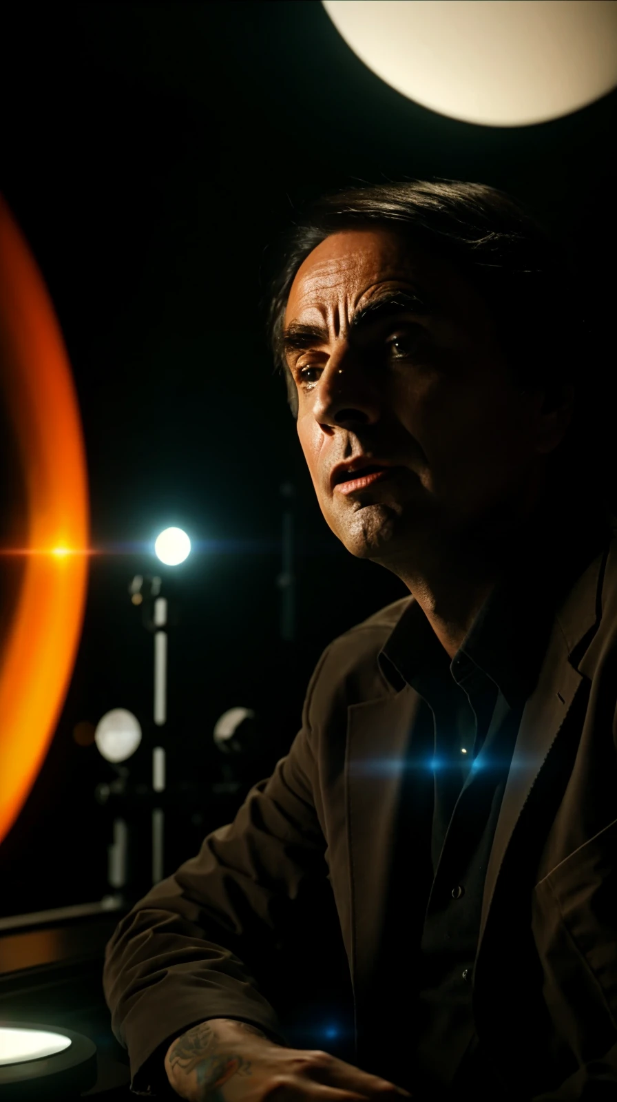 ((best quality)), ((masterpiece)), ((inked)), majestic intricately detailed, <lora:CrlSgan:1> Carl Sagan at starship bridge, well fitting futuristic space commander uniform, stubble, on the bridge of an advanced space faring war ship, high tech computers, crew in the background, film grain, soft edge lighting, photographed on a Canon EOS R5, 50mm lens, F/2.8, HDR, professional, backlit, high contrast, (deep shadows:1.5), warm vibrant colors, lens flare, cinematic Film still from the expanse|(mass effect:0.6)|star trek