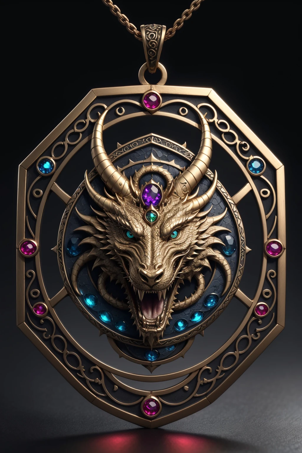 masterpiece, best quality, highly detailed, dragon talisman pendant BREAK dragon talisman, dragon head, pendant, glowing, gemstone