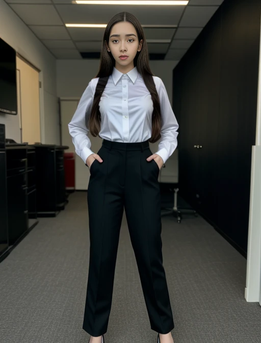full body shot of business photo of kiko_baka, pants, black attire, big breats, collared shirt, tucked shirt,  <lora:kiko_baka:1>. Professional attire, workplace setting, confident. Whole outfit, clear, sharp, balanced<lora:lcm-lora-sd15:1.0>