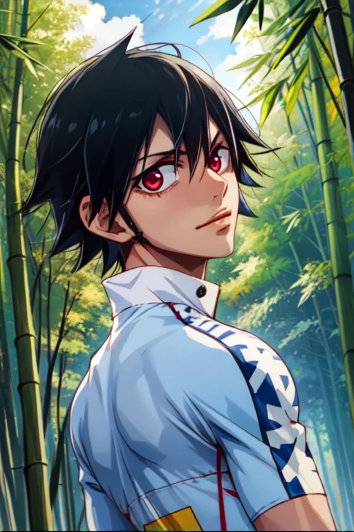 (best quality:1.1), (masterpiece:1.4), movie still, looking at viewer, upper body, depth of field, , , 1boy, solo, male focus, <lora:yuuto_shinkai:0.94>, yuuto_shinkai, black hair, red eyes, , bamboo forest,