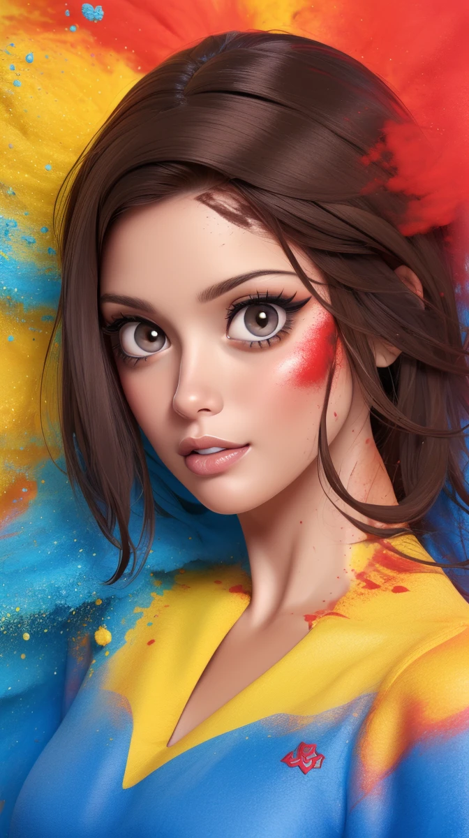 <lora:Sexy-Ecuadorian:1> black straight hair, ((dark brown eyes)), full lips, yellow powder, deep blue powder and red powder splashes on background, high quality photography, <lora:powder_v1.0:1>