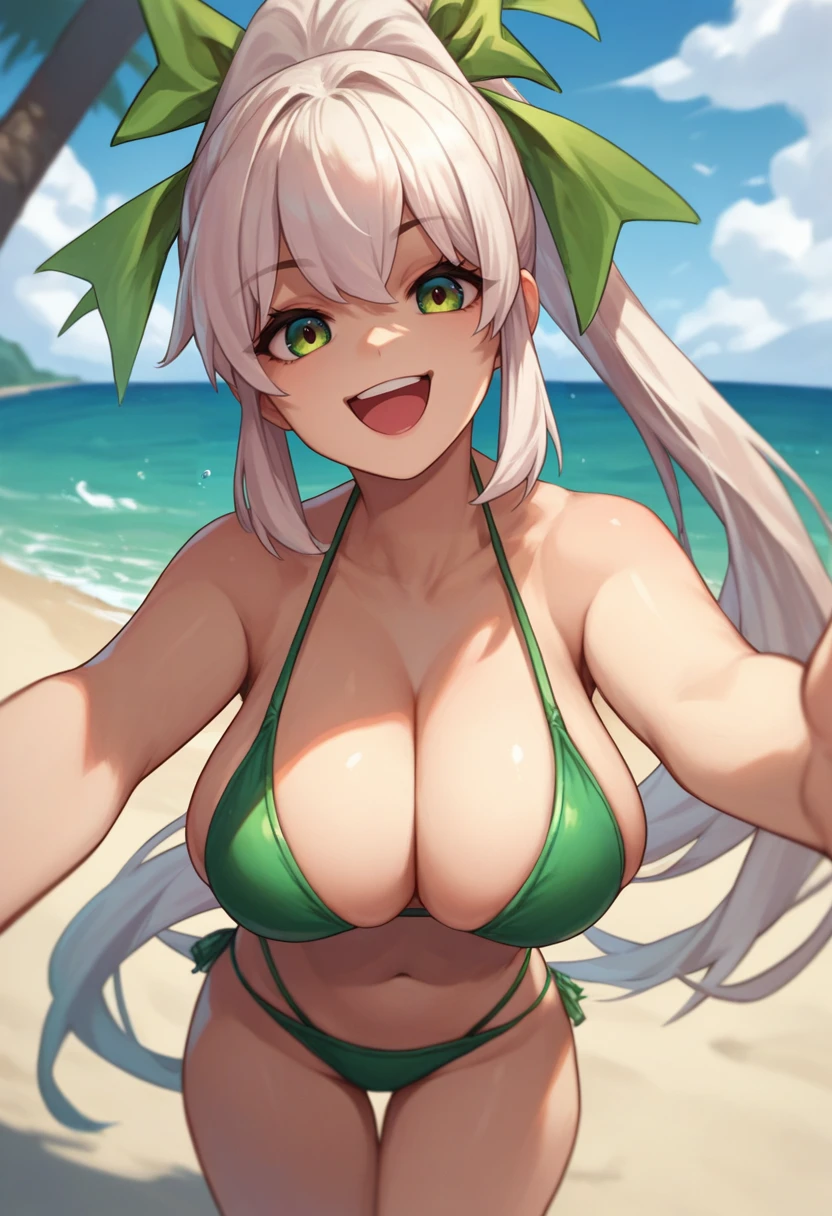 score_9, score_8_up, score_7_up, source_anime, solo, 1girl, xbox-chan, smile, looking at viewer, reaching towards viewer, ponytail, hair ribbon, green bikini, large breasts, beach <lora:consolegirls_xbox_ponyXL-000009:1>