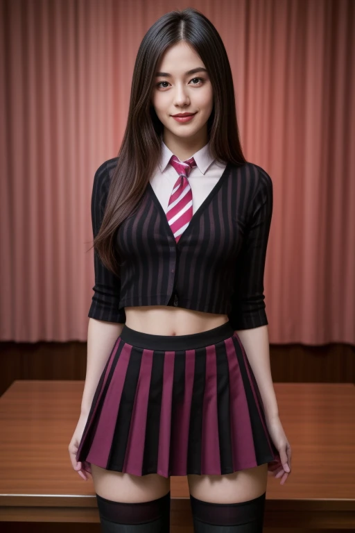 ((1 girl, 22 y.o, Masterpiece, best quality, cinematic lighting, 8k, full body shot, long hair, hourglass body)), (smile:0.85), (realistic background:1.2)
<lora:Striped_C1_Dress_By_Stable_Yogi:1>
black shirt, striped print, necktie, skirt, thighhighs