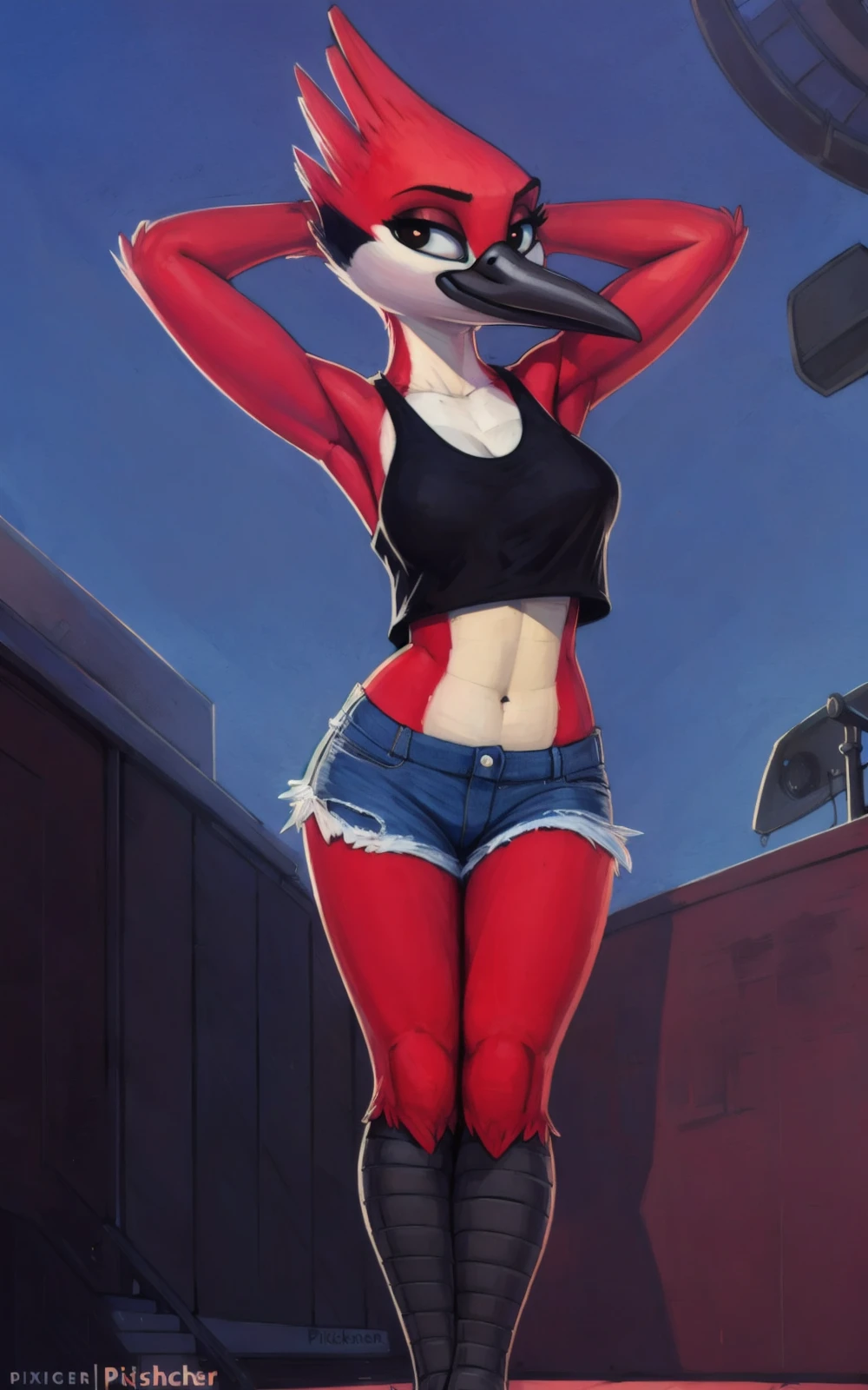 8k,4k,((Best quality, masterpiece, ultra high resolution)),((full body, by pixelsketcher)), <lora:MargaretSmith:0.9>,MargaretSmith,beak,talons, bird,winged arms, bird legs,feathers,red feathers,red skin,black eyes,black feathers,barefoot,denim shorts, midriff, tank top , side slit,sideboob, black tank top,breast,concert