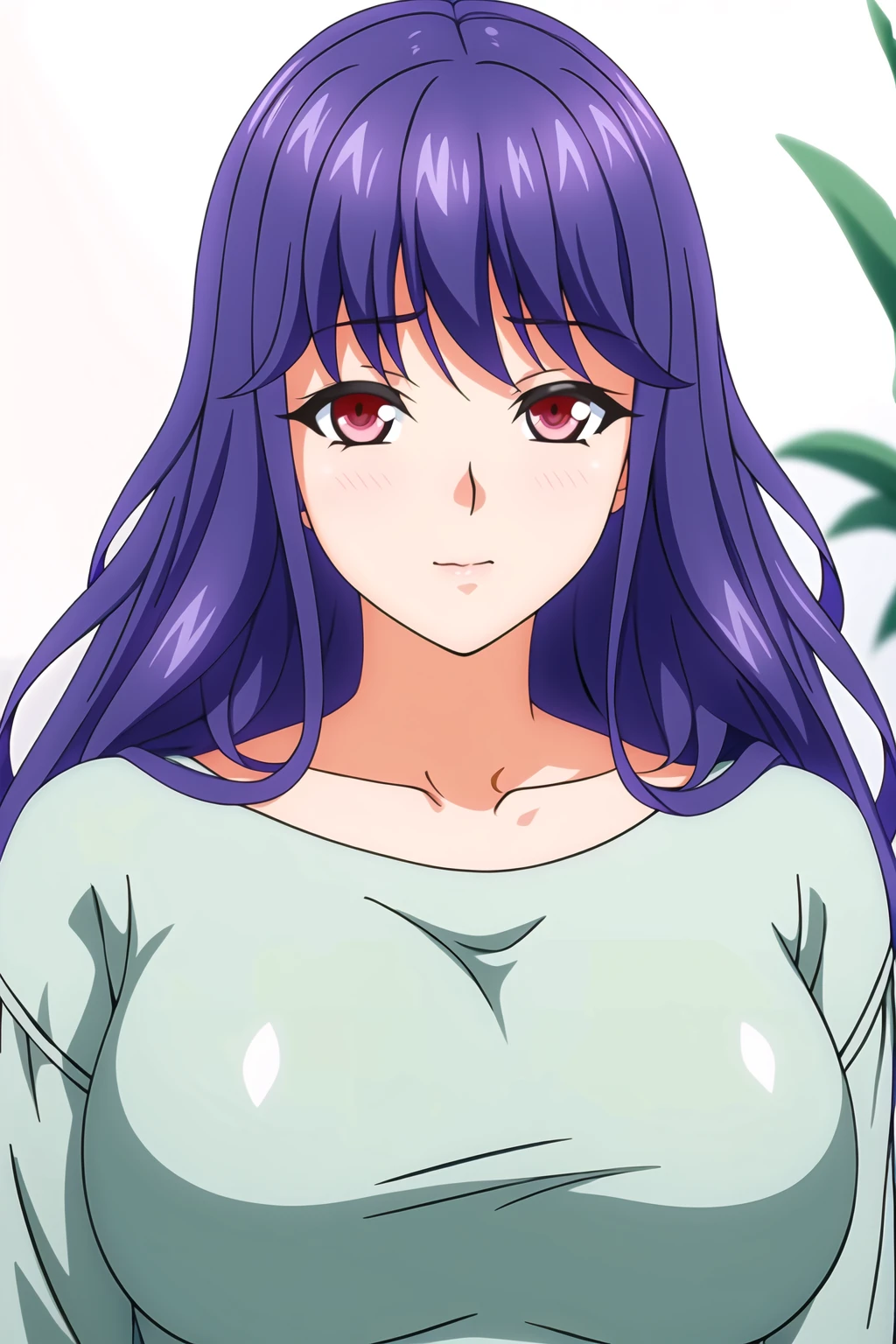 Simple Background,White Background,
Green shirt, long sleeves, collarbone, cleavage,
<lora:Kyouko_Sawai_MamaKatsu-KK77-V1:0.7>,
Red eyes, Blue hair,bangs,Long hair,
<lora:Oda_Non_Style-KK77-V2:0.3>,<lora:more_details:0.1>,
1 girl, 20yo,Young female,Beautiful long legs,Beautiful body,
Beautiful Nose,Beautiful character design, perfect eyes, perfect face,expressive eyes,perfect balance,
looking at viewer,(Focus on her face),closed mouth, (innocent_big_eyes:1.0),(Light_Smile:0.3),
official art,extremely detailed CG unity 8k wallpaper, perfect lighting,Colorful, Bright_Front_face_Lighting,White skin,
(masterpiece:1.0),(best_quality:1.0), ultra high res,4K,ultra-detailed,
photography, 8K, HDR, highres, absurdres:1.2, Kodak portra 400, film grain, blurry background, bokeh:1.2, lens flare, (vibrant_color:1.2),professional photograph,
(Beautiful,large_Breasts:1.4), (beautiful_face:1.5),(narrow_waist),