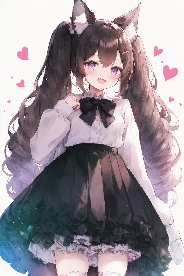 1girl, solo, purple eyes, twintails, skirt, animal ears, black skirt, hairclip, shirt, animal ear fluff, fang, collared shirt, pleated skirt, white shirt, heart, cat ears, bangs, hair ornament, long sleeves, hair between eyes, long hair, smile, brown hair, puffy long sleeves, thighhighs, puffy sleeves, :d, blush, sleeves past wrists, cardigan, very long hair, simple background, brown cardigan, looking at viewer, hand up, school uniform, black thighhighs, open mouth, white background