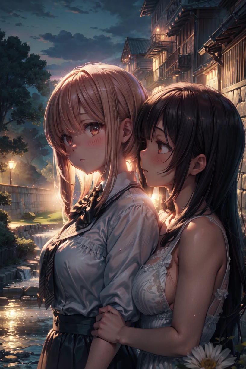 detailed illustration, upper body, 2girls, yuri, blush, pretty face, outdoors, river, cinematic lighting, hires, volumetric lighting, highly detailed background, masterpiece, <lora:add_detail:0.5> <lora:hairdetailer:0.5>