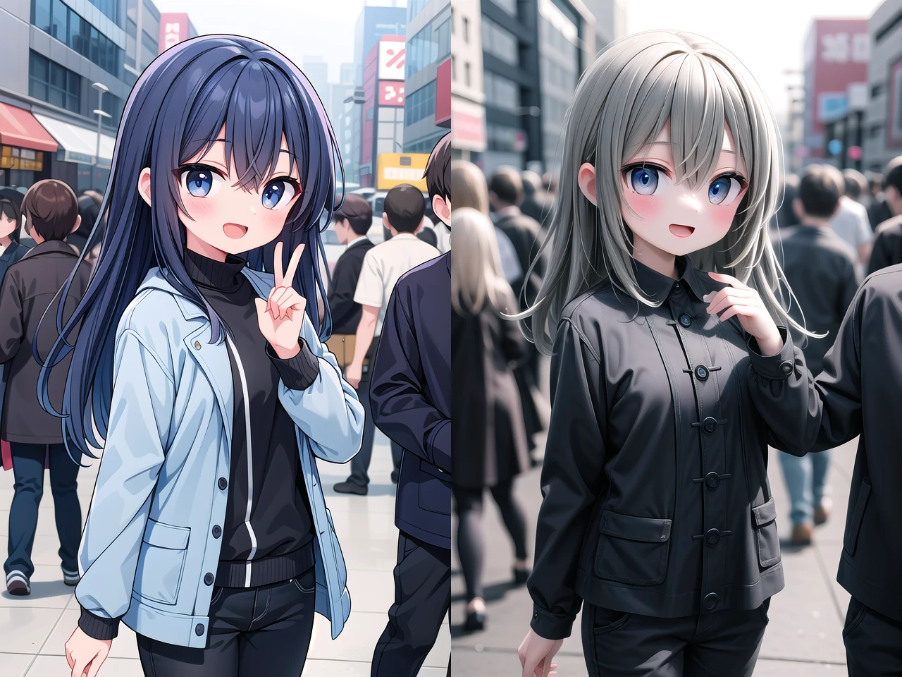 <lora:make25d_type5_v100:1>
insanely detailed, absurdres, ultra-highres, ultra-detailed, best quality,
1girl, solo, nice hands, perfect hands
BREAK
maxi coat, long sleeve shirt, chino pants
, (nsfw:-1.5)
BREAK
happy smile, laugh, open mouth
BREAK
,
standing, cowboy shot, looking at viewer
BREAK
slender, kawaii, perfect symmetrical face, ultra cute girl, ultra cute face, ultra detailed eyes, ultra detailed hair, ultra cute, ultra beautiful
BREAK
shibuya, akihabara, tokyo, street, crowd, cityscape, depth of field, ultra detailed background
BREAK
medium breasts
BREAK
green hair, black eyes, fishtail, hair between eyes