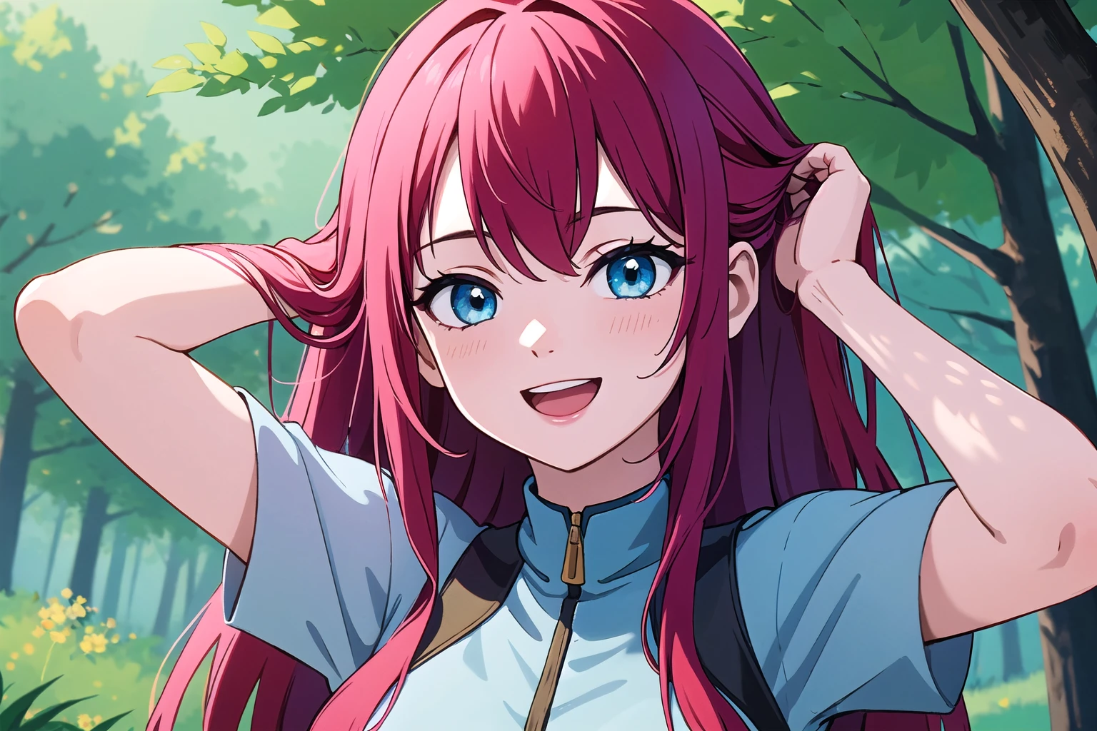 masterpiece,hires,high resolution,best quality,1girl,medium breasts, adjusting-two-hands, arms up,relaxed, smile, open mouth, adjusting hair, portrait,smile,red hair, blue eyes, forest, flowers, hands in own hair, upper body
<lora:Adjusting hair & Hair Tucking:1>