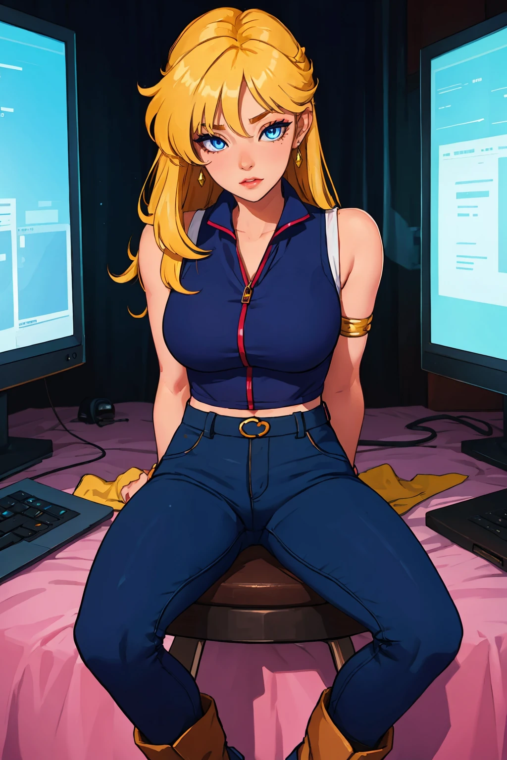 (ultra high res, ultra detailed, high resolution, highly detailed, 4k, 8k),(masterpiece), 1girl, solo, looking at viewer, long hair, blonde hair, blue eyes, earrings, jewelry, lipstick, makeup, <lora:EPsmSailorVenus-07:0.7>, EPsmSailorVenus, dof, bedroom, computer monitor, night, arms behind back, sleeveless, pants, armlet, ankle boots, squinting