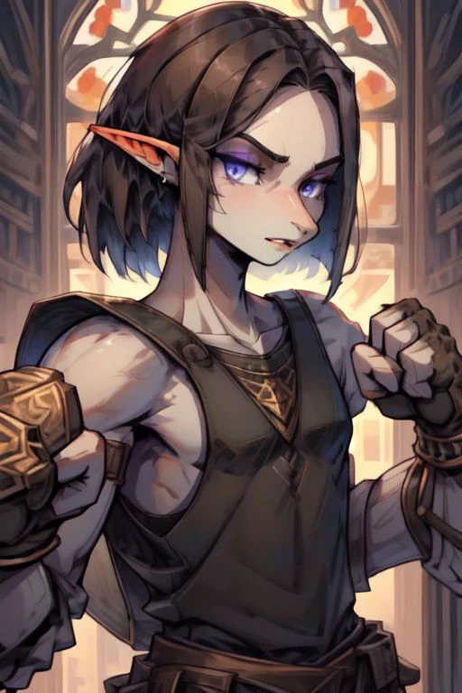 ASCII ((Lapanya)), human skintone, ((tall, athletic build, strong jaw, masculine chin)), ((violet irises)), adult, ((dark brown hair)), ((mid-length hair, straight bob haircut parted in the middle, parted hair:1.2, visible forehead)), ((cocky expression, fighting pose, fists up)), pointy ears, black tank-top, wrist bracers, ((3/4 view)), solo, close-up, ((flat chest, no breasts)):1.2, ((snout nose:1.3, medium nose, wedge shaped nose, small nostrils, nonhuman nose, straight septum, no philtrum)), ((3 fingers 1 thumb)):1.2, fully clothed, clean lines, highly detailed hands, highly detailed face, detailed nose, high quality, best quality, distinct fingers, snapshot, rating: safe, dynamic shot