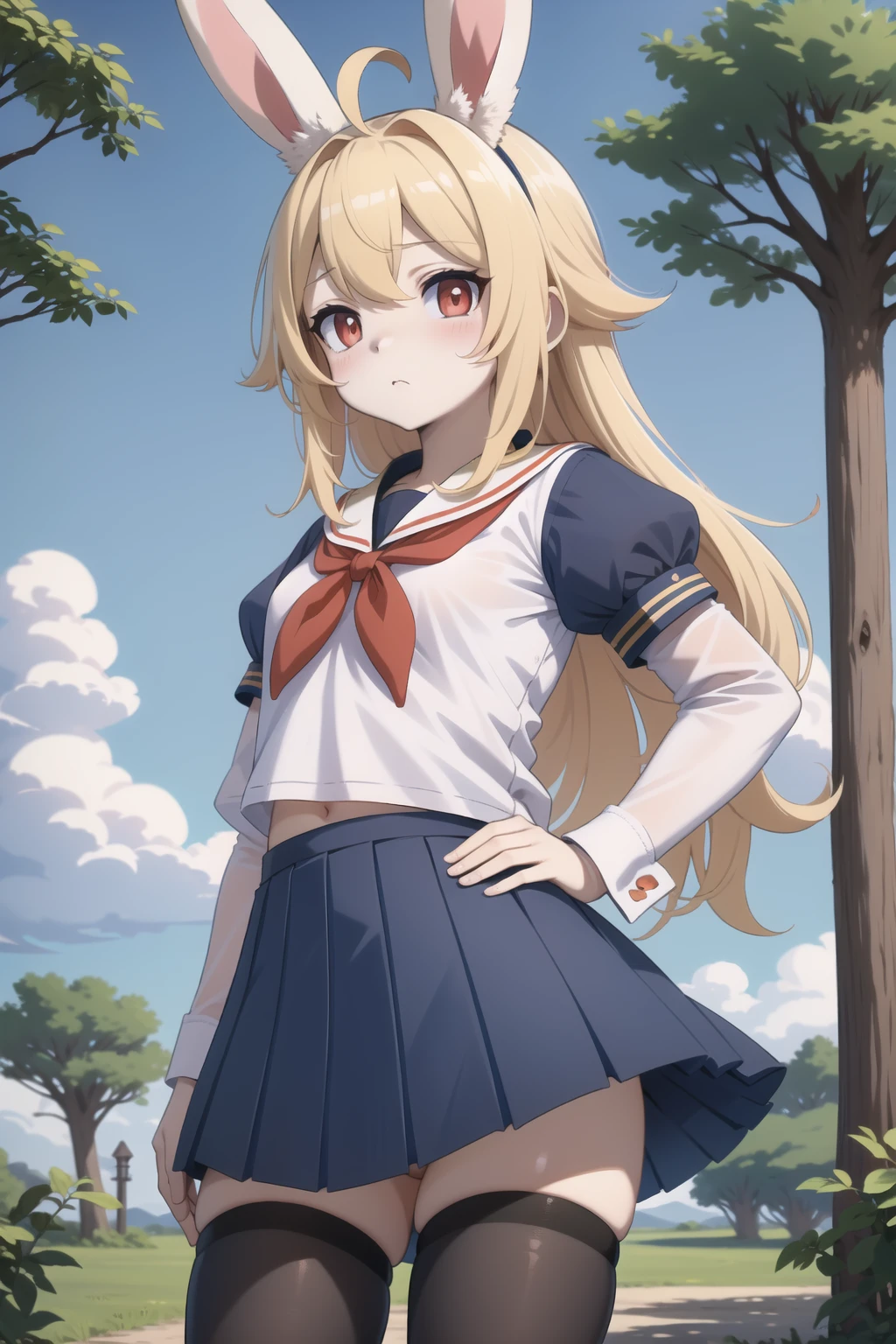 masterpiece, highly detailed, <lora:Yamer Rabbit:0.8> Yamer Rabbit, :<, ahoge, red eyes, sailor_collar, school_uniform, hand_on_hip, forest,