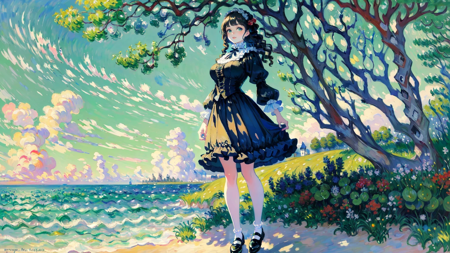 (masterpiece, best quality, Victorian oil painting style, Renaissance oil painting style, art by Monet:1.4)
BREAK (full body:1.2) shot of Mona Lisa with sideswept bangs, green eyes, gorgeous smile, large breasts, freckles
BREAK (standing at the beach, crashing waves, islands in the distance, dappled sunlight:1.4), (wearing a lace overlay dress with short lace sleeves, u-neck lace design, short skirt with lace hemline, intricate lace pattern, Mary Janes with ruffled socks:1.3)