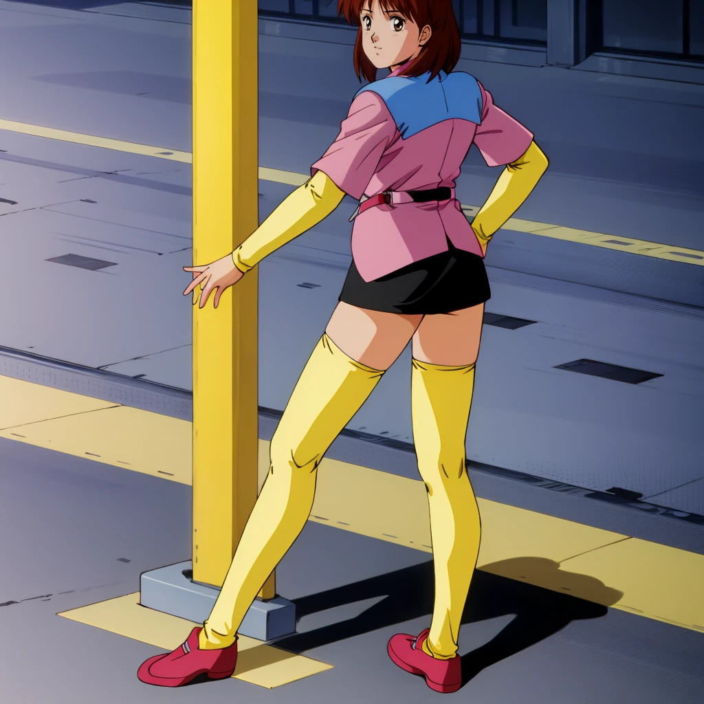 <lora:AniceFarm003:0.7>,looking back,
Anice,1girl,brown hair,medium hair,
blue jacket,short_sleeves,yellow long sleeves,pink shirt,
black skirt,
yellow thighhighs,
full body,standing,