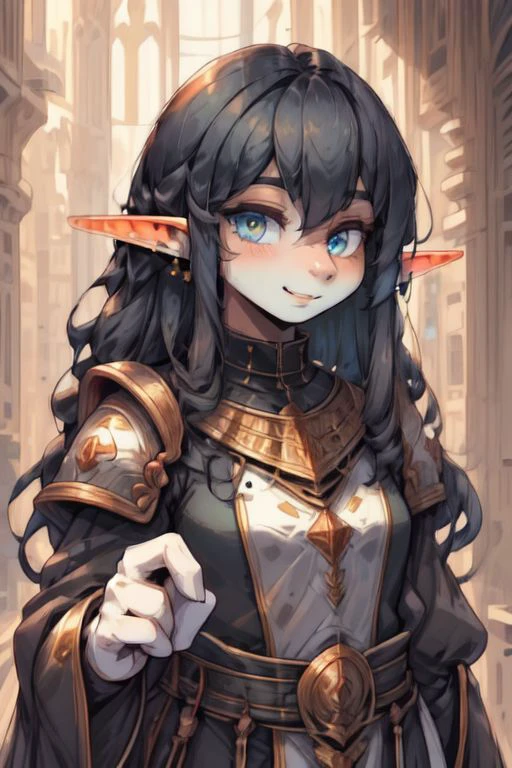 ASCII ((Lapanya)), human skintone, ((cute, chubby cheeks)), ((blue and gold irises)):1.2, adult, blue hair, blonde undertones, ((center parted hair, curly hair, long hair, no bangs)), ((shy expression, smiling)), pointy ears, white armor, black underclothes,((3/4 view)), solo, close-up, ((flat chest, no breasts)):1.2, ((snout nose, medium nose, wedge shaped nose, small nostrils, nonhuman nose, straight septum, no philtrum)), ((3 fingers 1 thumb)):1.2, fully clothed, DV_Manuela_Vicious:0.6, clean lines, highly detailed hands, highly detailed face, detailed nose, high quality, best quality, distinct fingers, snapshot, rating: safe