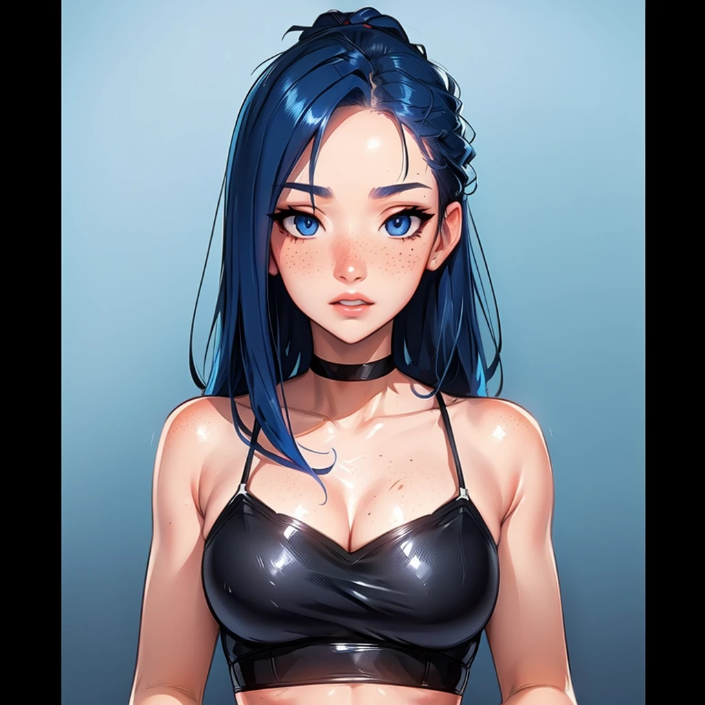 <lora:KizukeBlueGirl:0.7> , bluegirl, black mini skirt, black shirt, simple background, face close up, (high quality, ultra high detailed:1.2), (masterpiece:1.4),