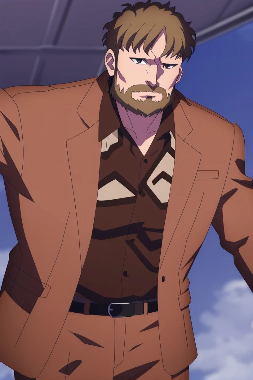 <lora:AlexanderAlekson>, alex2son, brown hair, (muscular:1.1), grey background, brown jacket, brown shirt, two-tone shirt, pants, brown pants, from side,