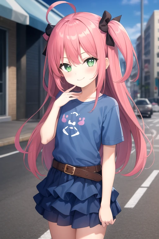 ((masterpiece)),(best quality),official art,extremely detailed CG,unity 8k wallpaper,ultra detailed,beautiful detailed eyes,extremely detailed face,street,1girl,solo,cowboy shot,looking at viewer,facing viewer,smile,child,(petite:1.2),douraku utage,ahoge,very long hair,red hair,pink hair,(one side up:1.2),floating hair,hair ribbon,hair bow,sidelocks,bangs,green eyes,t-shirt,blue shirt,print shirt,flat chest,belt,blue skirt,miniskirt,layered skirt,white socks,sneakers,<lora:Douraku Utage(noucome)>,