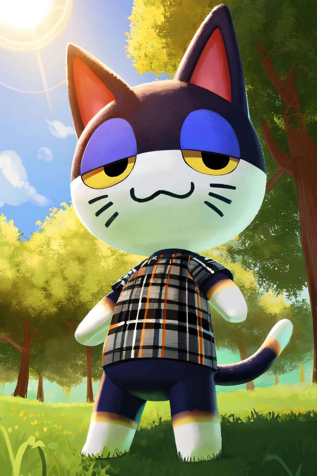 masterpiece, high quality, absurd res, by minus8, punchy, 1boy, furry male, cat boy, full body, standing, straight-on, (wide shot:1.5), half-closed eyes, :3, black fur, white fur, two tone fur, cat ears, black eyes, yellow sclera, colored sclera, whiskers, no nose, tail, fruit, plaid shirt, short sleeves, detailed background, forest, tree, foilage, plant, grass, sun, sunrays, cloud, (8k hd, hdr:1.1)  <lora:punchyAC:1>