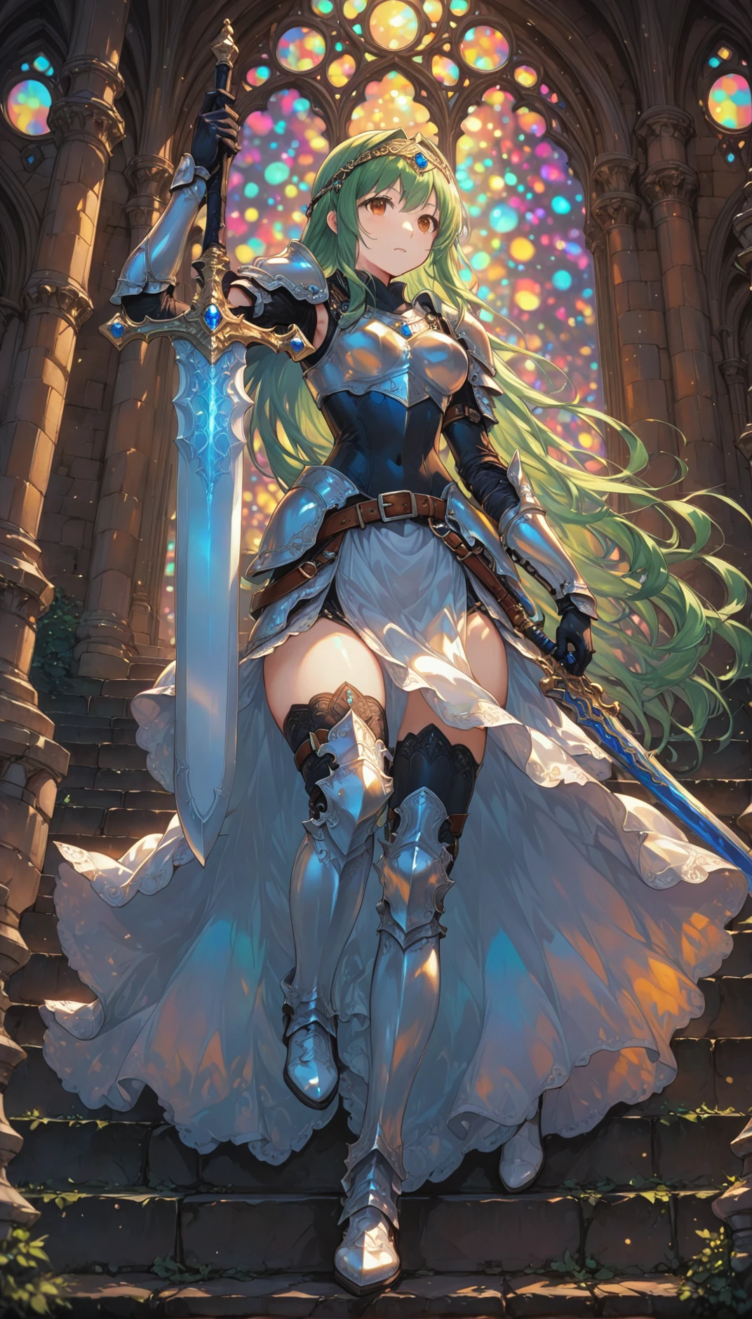 fire_emblem_heroes_xl, dynamic pose, 1girl, weapon, solo, breastplate, green hair, sword, armor, shoulder armor, boots, holding, holding weapon, long hair, thighhighs, gloves, full body, jewelry, thigh boots, belt, white footwear, dress, brown eyes, holding sword, medium breasts, headband, elbow gloves, circlet, bangs
on the steps of Hohenzollern Castle, 8K, soft focus, (depth of field, bokeh:1.3),
very aesthetic, highres, intricate detail, cinematic lighting, amazing quality, amazing shading, detailed Illustration, official artwork, wallpaper,
extremely detailed eyes and face, beautiful detailed eyes,
from below
<lora:aesthetic_anime_v1s:1>
<lora:Fire_Emblem_Style:1>
<lora:IOS_Iridescent_opal_style:0.8>